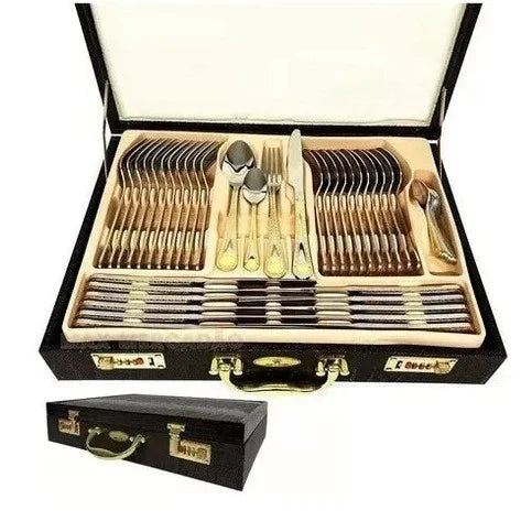 Kit Faqueiro Inox 84 Peças Banho Em Ouro 24k Luxo Alemão